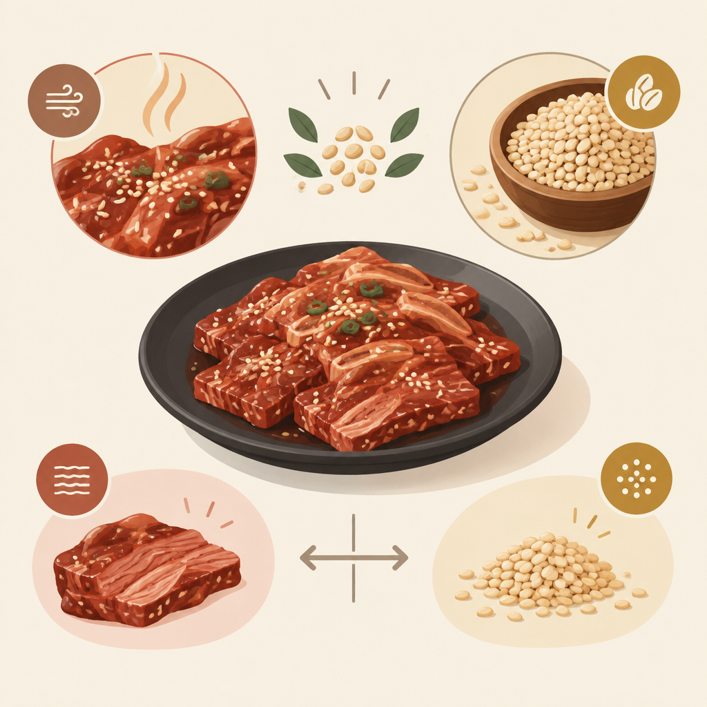 AI 생성 설명 이미지: 안산일동고기집 유니드정육식당 | 양념갈비에서 참깨의 향과 양념 간 구분하기